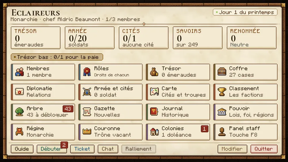 Le menu de faction du jeu