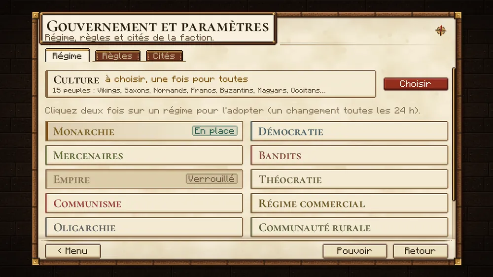 Le menu des régimes de gouvernement