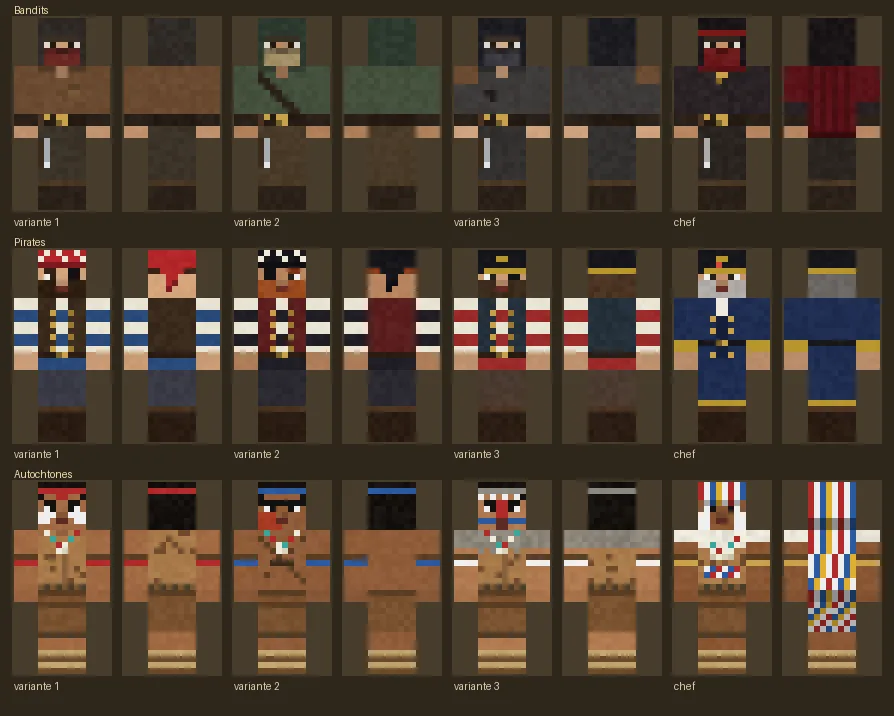 Les skins des bandits, des pirates et des autochtones, avec leurs variantes et leur chef